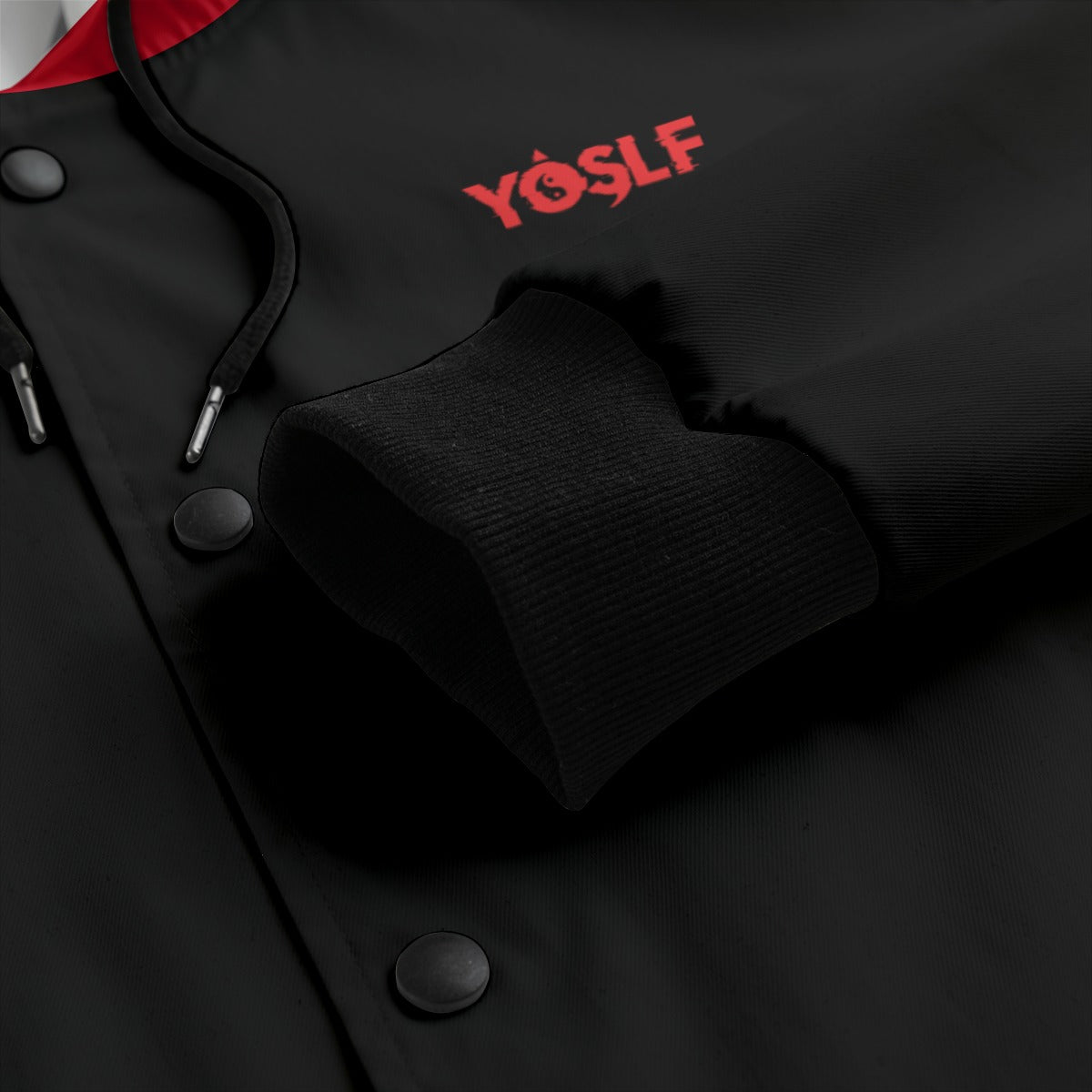 BLACK + RED YOSLF All-Over Print Men's Varsity Jacket