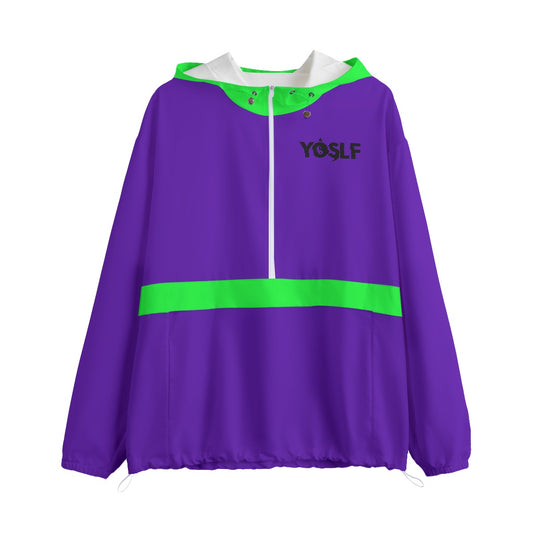 All-Over Print Pullover Jacket With Zipper - Purple & Slime Green