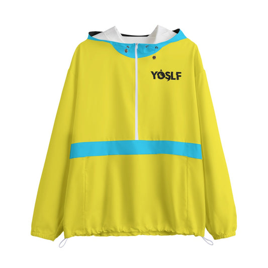 All-Over Print Pullover Jacket With Zipper - Yellow & Aqua Blue