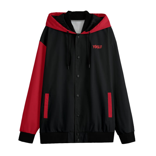 BLACK + RED YOSLF All-Over Print Men's Varsity Jacket