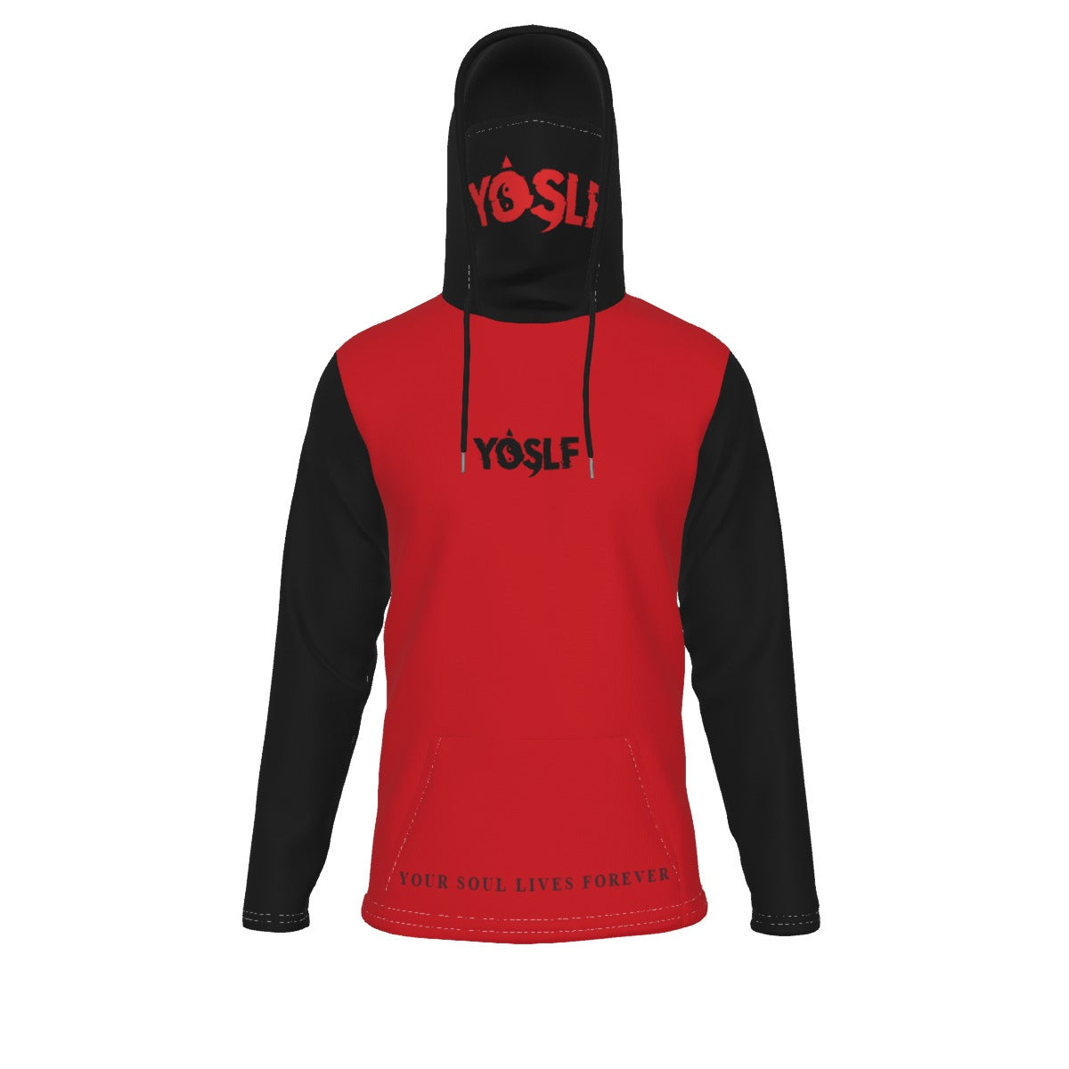 RED + BLACK YOSLF All-Over Print Men's Heavy Fleece Hoodie With Mask