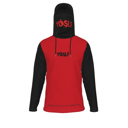 RED + BLACK YOSLF All-Over Print Men's Heavy Fleece Hoodie With Mask