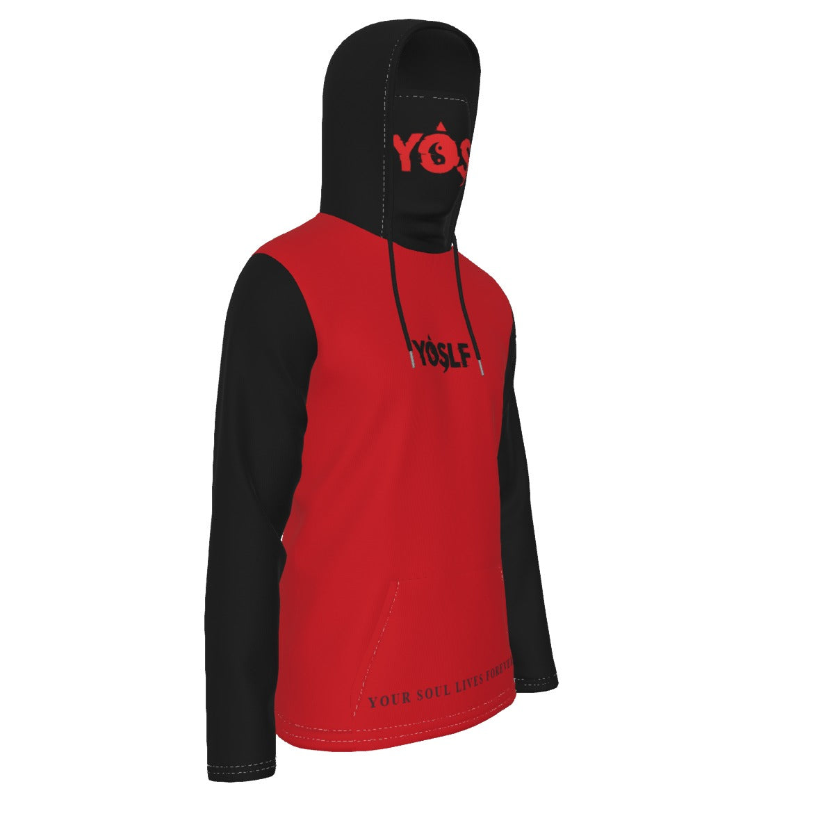 RED + BLACK YOSLF All-Over Print Men's Heavy Fleece Hoodie With Mask