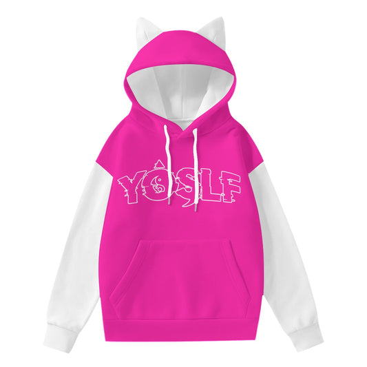 PINK + WHITE YOSLF All-Over Print Women’s Hoodie With Decorative Ears